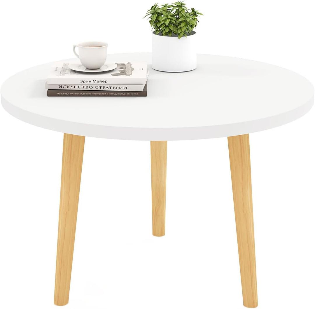 Round Coffee Table Low Table with 3 Solid Wood Sturdy Legs,Floor Table Desk for Sitting on The Floor,23.6"D x 23.6"W x 16"H Inches,Living Room/Toy room Furniture,Rental house Furniture (White)