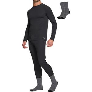 Lands' End Thermal Underwear for Men 3 Pc. Set Warm Long Johns for Men Base Layer Long Sleeve Shirt, Pants & Socks (Large, Black)