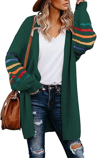 Dokotoo Women's Long Open Front Cardigans Striped Color Block Loose Knit Sweaters Outwear Coat, S, Gree