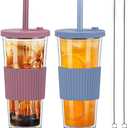 UHAPEER 2 Pack Reusable Boba Tea Cups, 24oz Iced Coffee Cup with Straw and Lid, Leakproof Clear Plastic Cups Tumbler, Double Wall Insulated Smoothie Tumbler, Wide Straw for Bubble Tea, Pink and Blue