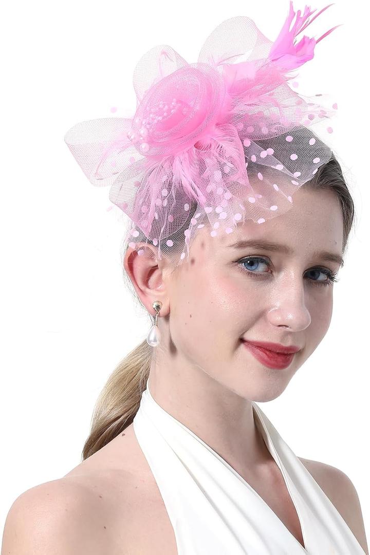 Women's Fascinators Hat Organza Church Tea Party Headwear Wedding Feather Hat with Headband and Clip (7-8, Pink)