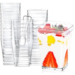 Eupako 50 Pack 5 oz Square Clear Plastic Dessert Cups with Lids and Spoons, Small Clear Plastic Tumbler Cups Set, Great for Desserts, Appetizers, Puddings, Mousse and More