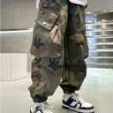 GORGLITTER Boy's Camo Cargo Pants Joggers Baggy Fall Elastic Waist Wide Led Casual Hunting Pants with Pockets 2025 Army Green 10 Years