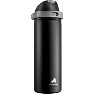 POWCAN 24 oz Insulated Water Bottle for Sports: Push-Button Spout & Quick-Flip Straw, Leakproof, Keep Cold 24Hrs, Fits Car Cupholder, Stainless Steel Bottle for Travel, Gym, School (Midnight Black)