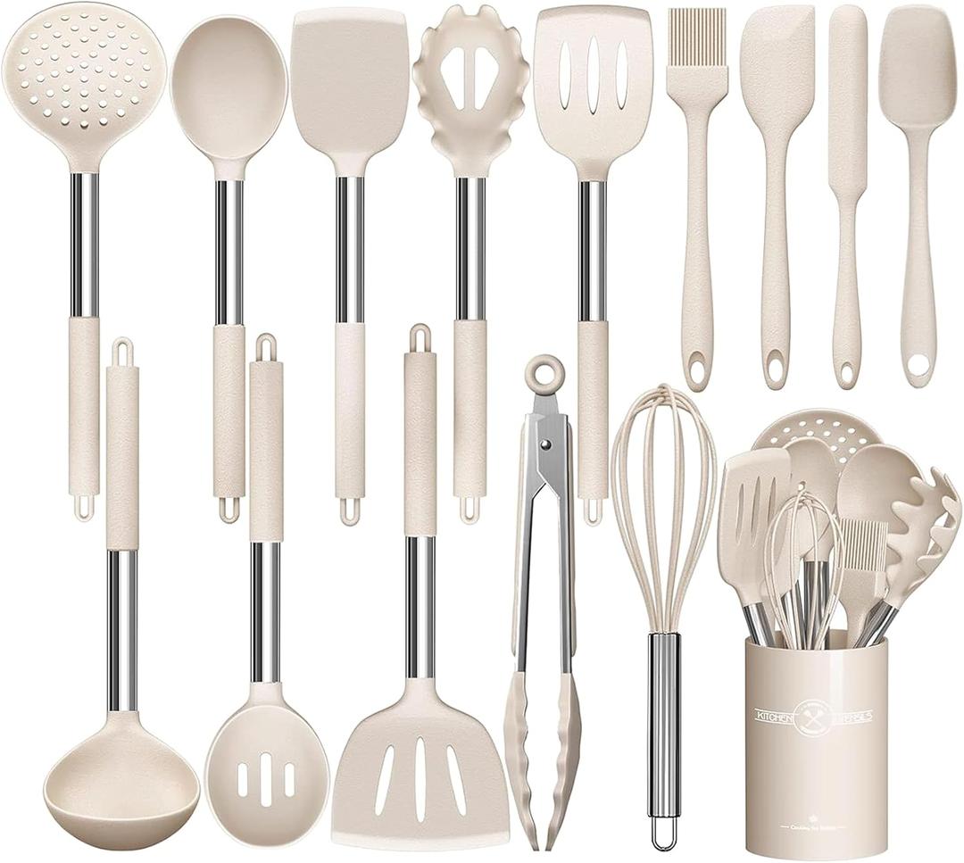 Stainless Steel Kitchen Cooking Utensil Set, Umite Chef 15 pcs Utensils - Nonstick Cookware Set Spatula -Kitchen Gadgets Tools Gift (Khaki)