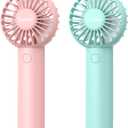 2-Pack Pink & Blue Handheld Fan, Small Cute Design, 3 Powerful Speeds, Operated by USB/Rechargeable Battery, Personal Portable Fan with Base & Lanyard, for Eyelash Makeup Travel Beach Office