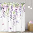 Riyidecor Purple Lavender Floral Shower Curtain Lilac Purple Flower Butterfly Botanical Plant Watercolor Rustic Green Leaves Summer Girls 60Wx72H Inch Bathroom Decor Fabric Waterproof 12 Pack Hooks