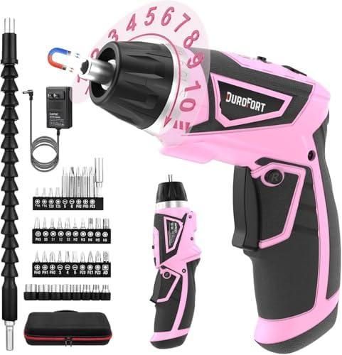 DuroFort Cordless Electric Screwdriver Set, 8V 10Nm Rechargeable Power Electric Drill, Battery Screw Gun with Driver Bit, 320RPM/10+1 Torque, 2 Position Handle, Flexible Shaft LED Light (Pink, 39Pcs) : Tools & Home Improvement