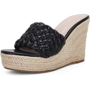 Ermonn Womens Platform Wedge Sandals Espadrilles Braided Open Toe Slip On Summer Mule High Heels (8.5, Black)