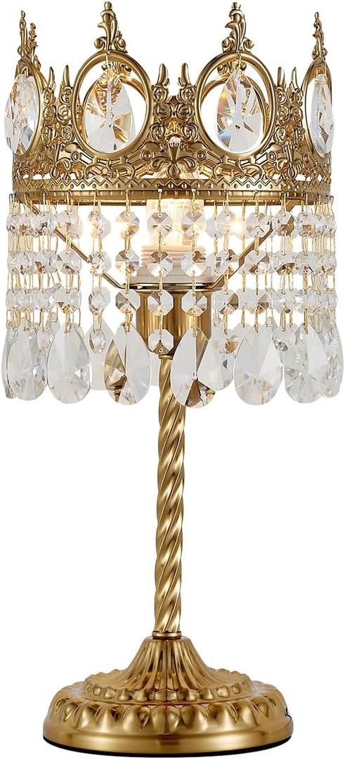 Vintage Gold Crown Shape Crystal Table Lamp for Living Room, Small Bedside Nightstand Lamp for Bedroom, Decorative Farmhouse Table Lamp Desk Lamp for Kitchen Dining Room Home Office