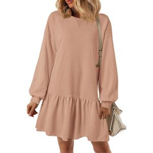 PRETTYGARDEN Womens Patchwork Sweatshirt Dress 2025 Fall Casual Long Sleeve Crewneck Pullover Cute Babydoll Mini Dresses (Nude Pink,X-Large) (XL)