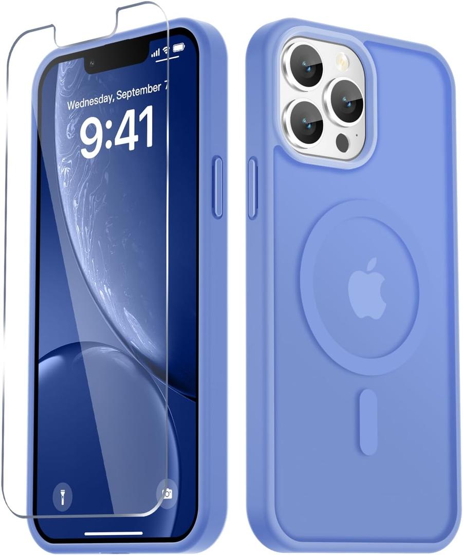 for iPhone 13 Pro Case, Matte Magnetic Phone Cover [with 1 Screen Protector] [Support for MagSafe] [Shockproof Military Grade Protection] Translucent Frosted Back, Purple