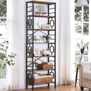 HOMISSUE Tall Bookshelf, 84 Inch Industrial Bookshelf with Metal Frame and Open Shelves, 7 Tier Metal Bookshelves and Bookcases, Rustic Tall Book Shelf for Office, Living Room and Bedroom, Brown, 7-Tier（23.6"W x 84.4"H）