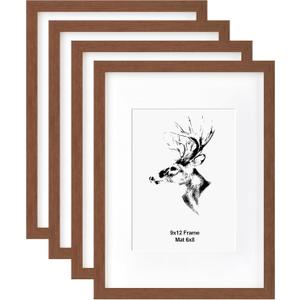 Yaetm 9x12 Picture Frame with Mat for 6x8 Set of 4, Walnut Brown, Solid Wood Photo Frames 9 x 12 with Tempered Glass, Display Horizontal and Vertical for Wall Mounting (4 pack, Walnut)