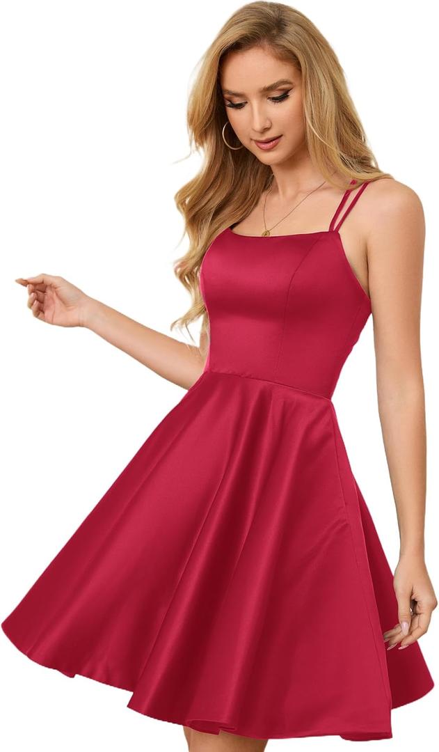 Homecoming Dresses for Teens Knee Length Spaghetti Strap with Pockets Satin Backless Prom Dress (2, Red 1), S