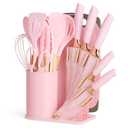 DANFFI 19-Piece Pink Kitchen Utensil Set – Silicone Cooking Tools with Wooden Handles, Non-Stick & Heat Resistant, Includes Knives, Scissors & Cutting Board – BPA-Free Kitchen Accessories