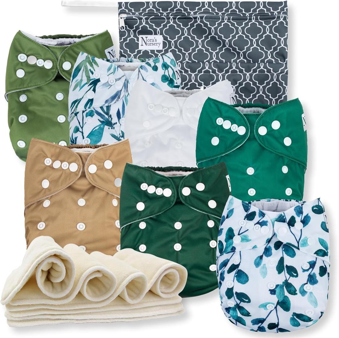 Nora's Nursery Morning Dew Cloth Diapers 7 Pack with 7 Inserts & 1 Wet Bag - Waterproof Cover, Washable, Reusable & One Size Adjustable Pocket Diapers for Newborns and Toddlers - Sage and Sea