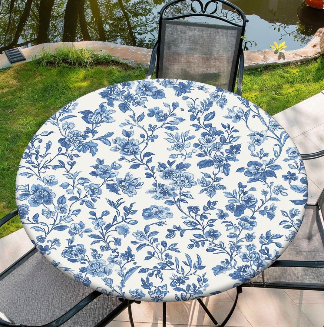 Round Tablecloth with Elastic Edge, 36-60Inch Waterproof Table Cloth for Dinner, Outdoor, Picnic, 44inch, Blue and White Flower