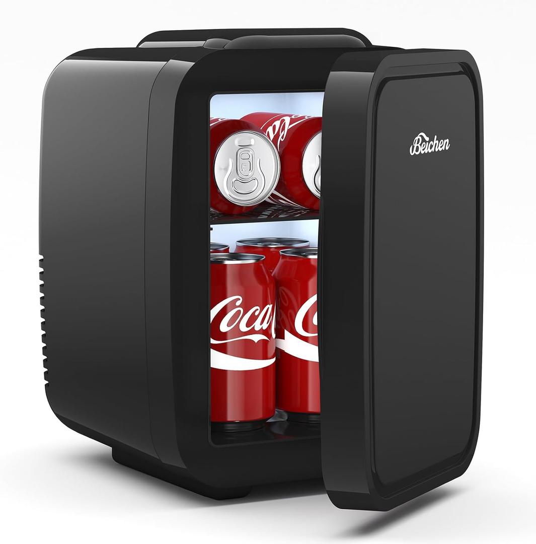 BEICHEN Mini Fridge, 4 Liter/6 Can Portable Refrigerator for Bedroom Office Dorm Car Fast Cooling, Low Noise, 100-125V AC/5-12V USB Small Compact Refrigerator for Skincare, Food, Drinks(Black)