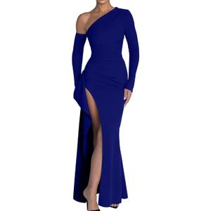 Memoriesea Women's One Shoulder Long Sleeve Cocktail Maxi Dress | High Slit,Asymmetric Neckline,Bodycon Ruched Dress,Sexy Wedding Guest Party Dress,Homecoming,Vacation,Dinner,Black Tie Event (Blue, S)