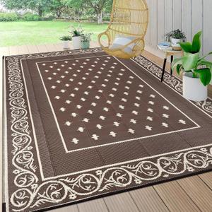 Pauwer Waterproof Outdoor Rug 8x10, Plastic Straw Patio Rug, Bordered Brown