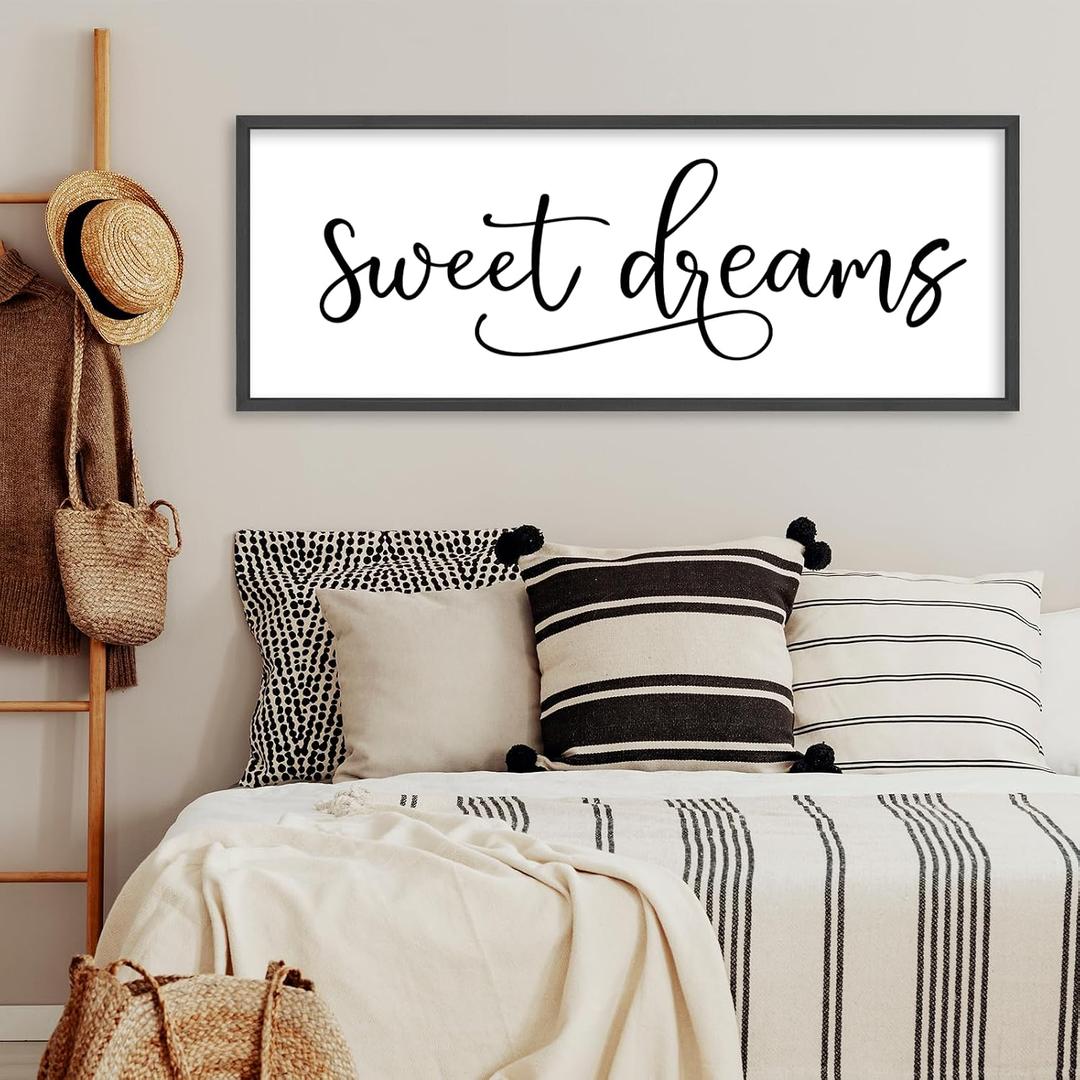YWJKWLGS Sweet Dreams Wall Decor Sign 40x15 Inch Handwritten Art for Bedroom & Kids Room 40x15 Inch Above Over Bed Rustic Modern Farmhouse Large Wooden Framed Wall Hanging Art (Black)