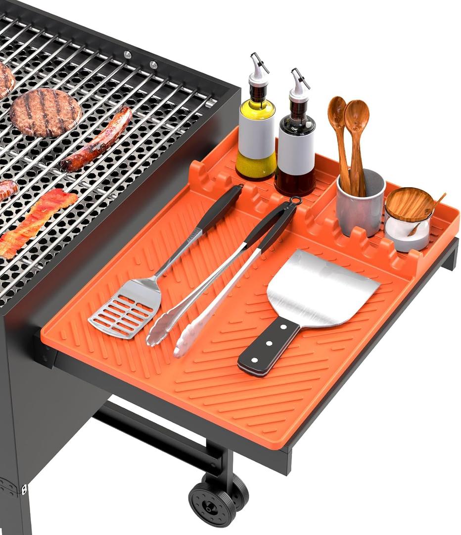 Silicone Grill Mat Compatible with Blackstone, BBQ Griddle Tools Mat with Drip Pad, Spatula Mat for Outdoor Kitchen Counter, Gifts for Men (Orange)
