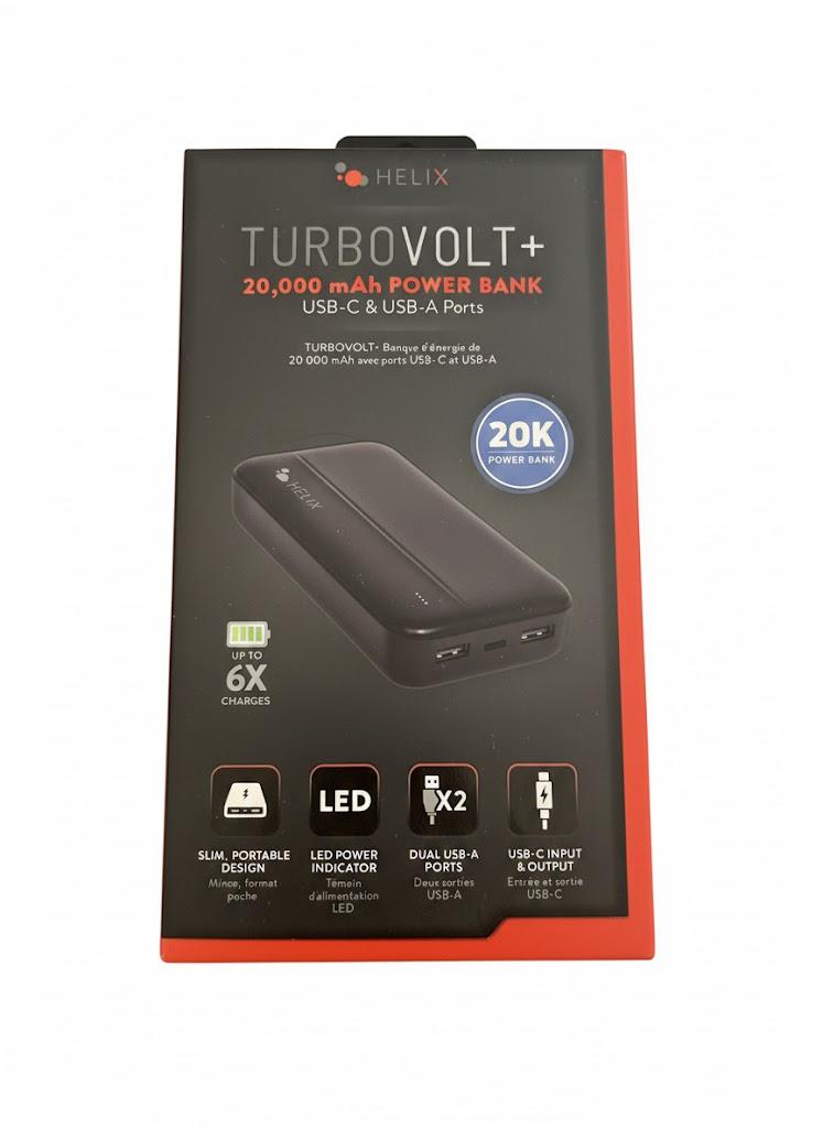 Helix TurboVolt+ 20,000mah Power Bank W/ Dual USB A Ports, One USB-C, Micro USB
