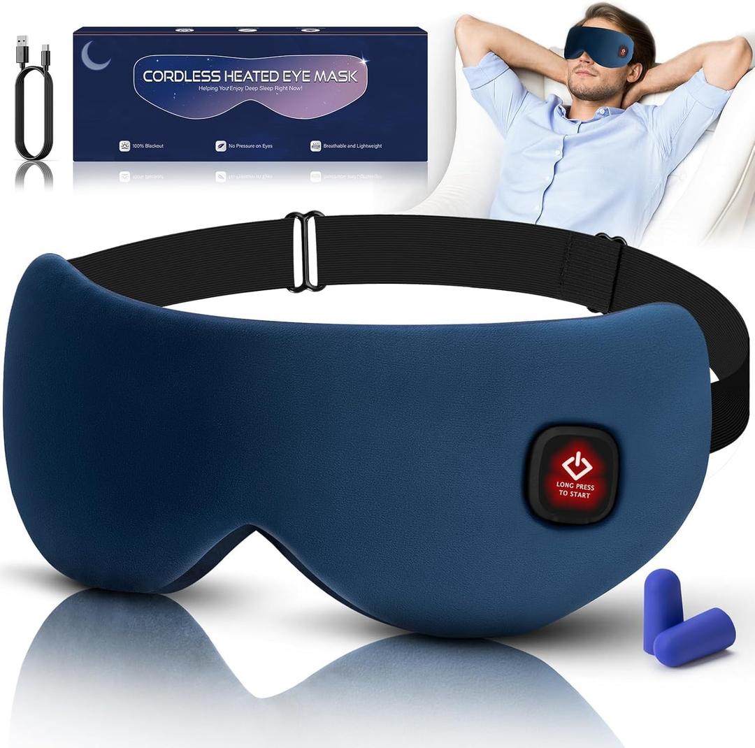 Cordless Heated Eye Mask for Dry Eyes, Blocking Light Sleeping Mask Warm Eye Compresses Electric Heating Pad for Stye Eye Treatment Blepharitis Sinus Migraine Gifts for Woman Man (Navy Blue)