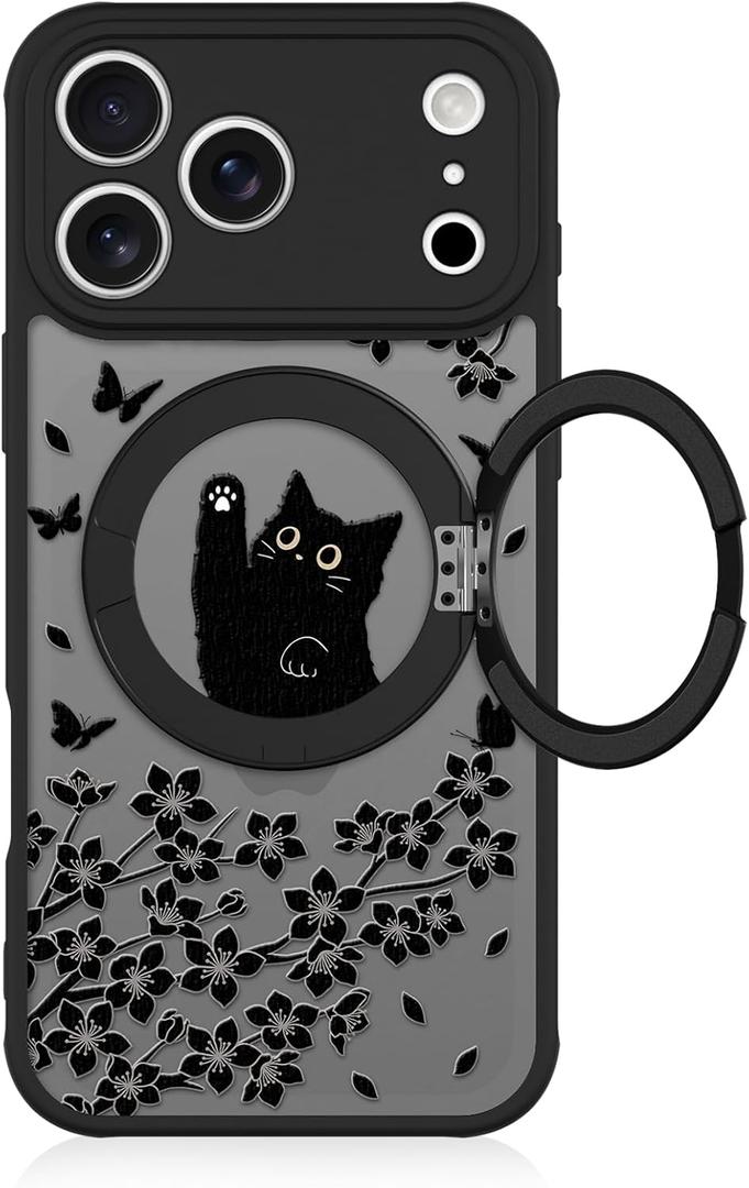 Heaofei Cute Case for iPhone 17 Pro Max Case with Stand [ Compatible with MagSafe ] Kawaii Black Cat & Floral & Butterflies Pattern Design 360 Magnetic Ring Kickstand Phone Cover for Women Girls Boys