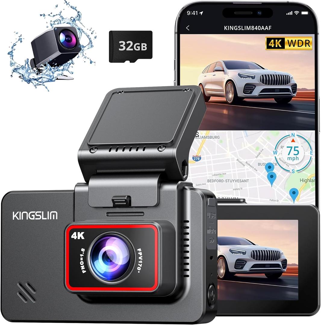 Kingslim Dash Cam Front and Rear 4K - D4 Dual Dash Camera for Cars WiFi GPS, Dashcam with 32GB SD Card, 3" Touchscreen, Night Vision, APP, Parking Mode, G-Sensor, Black