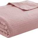 Madison Park 100% Egyptian Cotton Lightweight Summer Blanket, Breathable Waffle Knit Design, Soft Cozy All-Season Throw for Bed, Couch or Sofa, Rose Pink Full/Queen Size (90"x90")