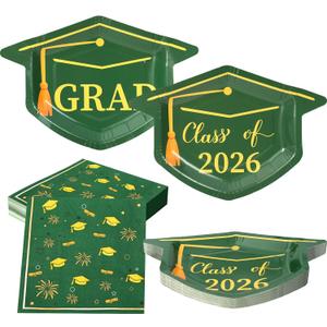 2 x Green Graduation Plates and Napkins 2026, 50 9.3" Mortarboard Shaped Class of 2026 Plates & 50 Grad Napkins - Green and Gold Graduation Decorations 2026