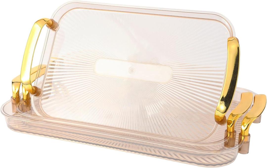 Serving Tray with Handles Set of 3 Rectangular Large Serving Platters 16.5/14.9/13.2 Inch White Plates for Dinner, Party, Entertaining, Amber