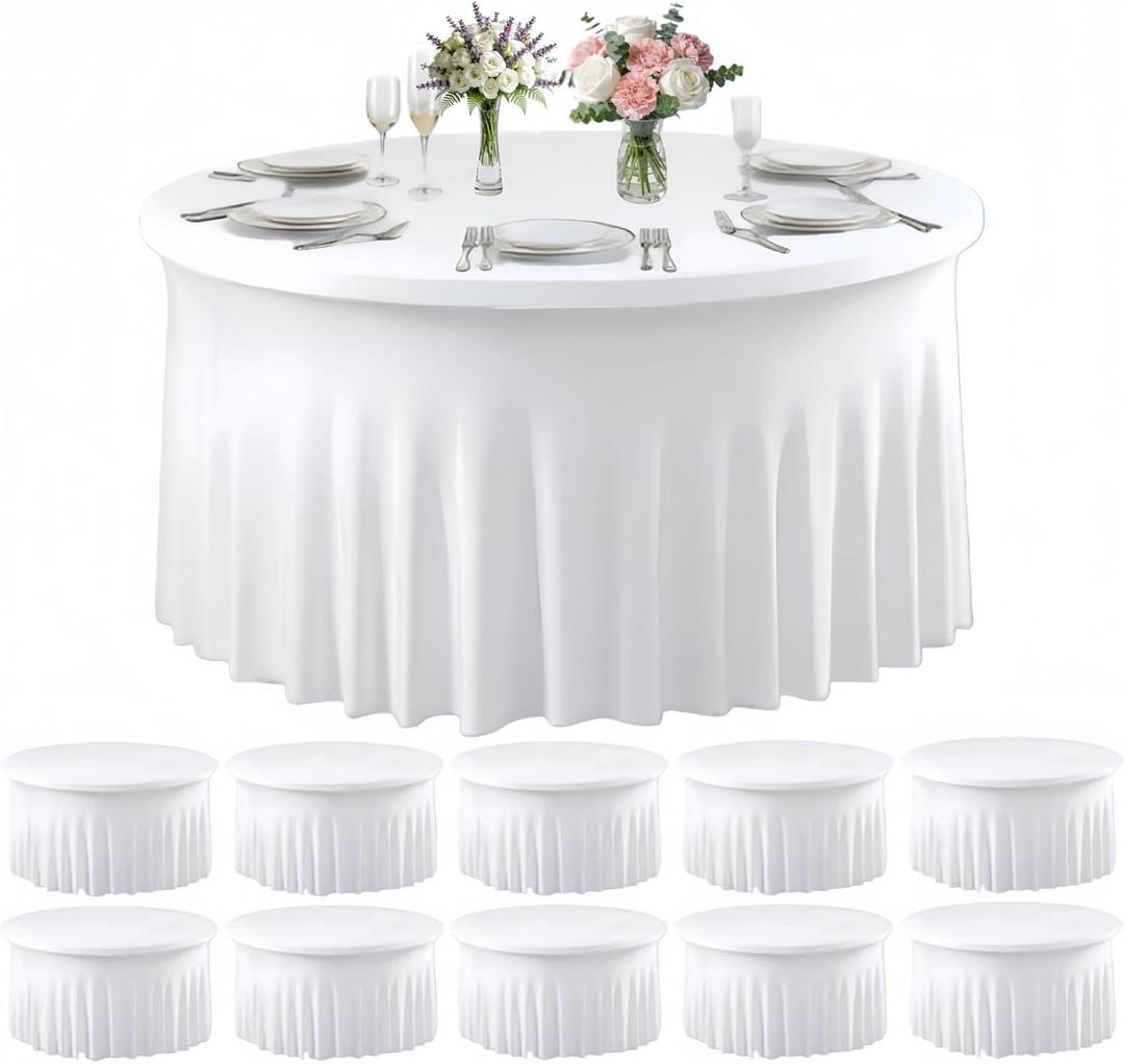 10 Pack White Spandex Round Tablecloths for 60inch Tables, 120 Inch Stretchy 5ft Round Fitted Tablecloth Wrinkle Free Washable Table Cloths Table Covers with Skirt for Wedding Party Birthday Banquet