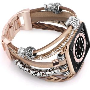 Boho Bracelet Compatible for Apple Watch Band 40mm Women, Multilayer Wrap Strap for Apple Watch 41mm 38mm, Leather Copper Pipe Apple Watch Bands for iWatch Series 10/9/8/7/6/5/4/3/2/1/SE - Khaki