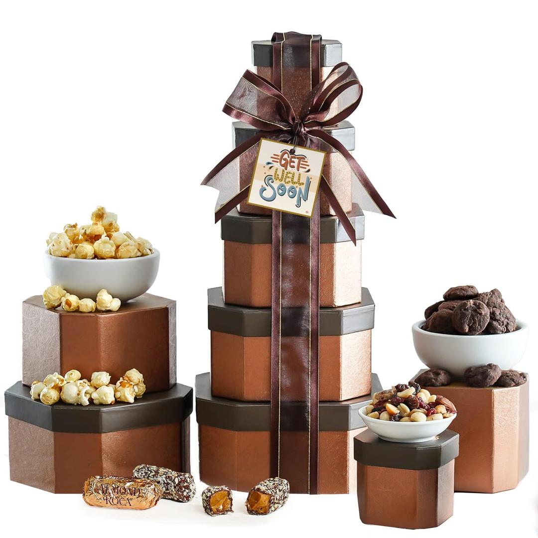 Get Well Basket Tower  Care Package with Gourmet Snacks for Women & Men, After Surgery Gifts, Thinking of You Treats, Feel Better Soon Gift Box by Broadway Basketeers
