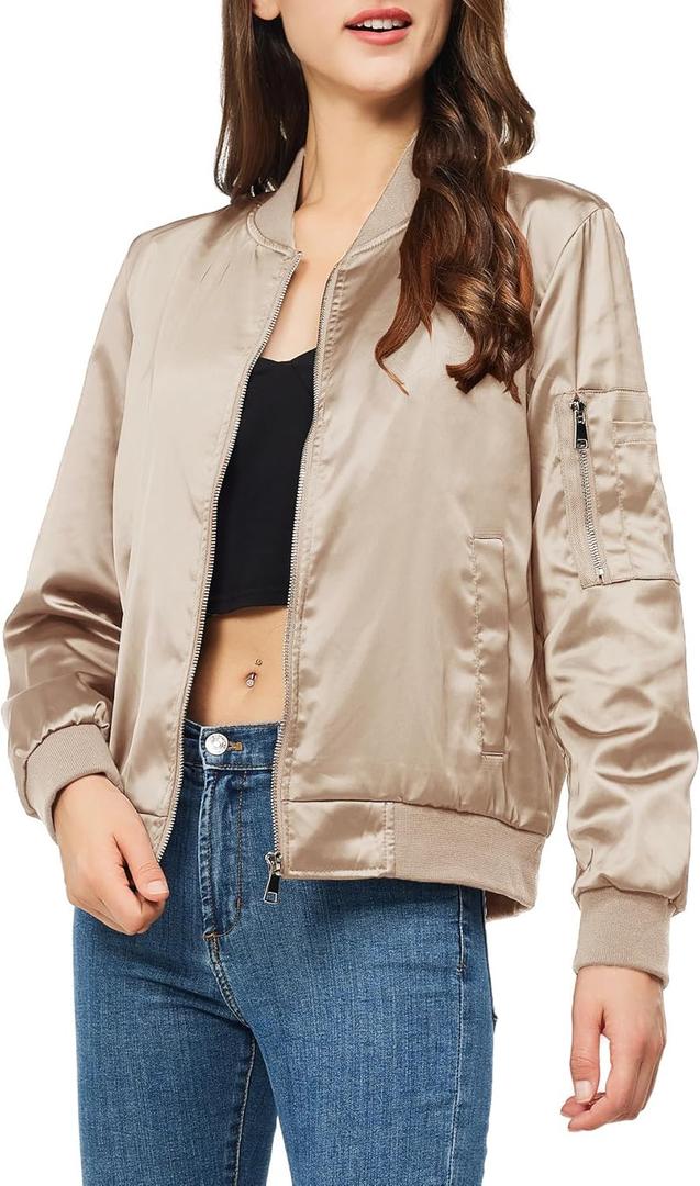 Satin Bomber Jacket Women Casual Fall Varsity Jackets Zip Up Outerwear Windbreaker with Pockets (X-Large, Champagne)