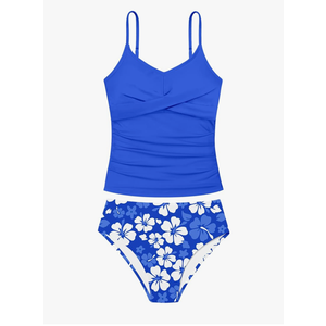 Girls Swimsuit 2 Piece Bathing Suit Criss Cross Ruched Girl Tankini Sets Printed Girls' Swimwear for 15-16 Years
