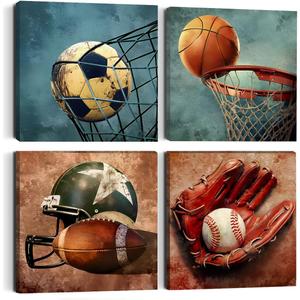 4PC Sports Canvas Wall Art Framed Boys Room Decor Rustic Football Baseball Basketball Soccer Wall Decor Sport Theme Posters Vintage Canvas Prints Picture Artwork Playroom Boys Bedroom Decor (Multi325)