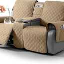 TAOCOCO 100% Waterproof Loveseat Recliner Cover with Center Console, Reversible Reclining Couch Cover for 2 Seats with Leg Straps, Washable Split Sofa Cover Protector for Pets Kids (Camel)