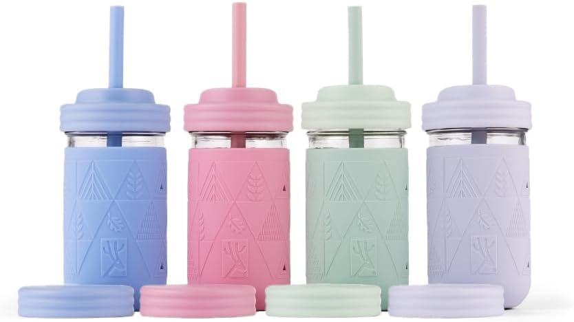 Elk and Friends Kids + Toddler Glass Cups | The Original 12oz Glass Mason Jar with Sleeves + Lids | Silicone Straws + Stopper | Smoothie Cup | Food Storage | Spill Resistant | Dishwasher Safe | 4 Pack