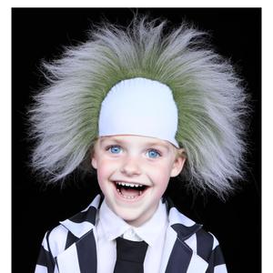 FantaLook Short Green and Grey White Cosplay Wig for Adult Halloween Party Costume