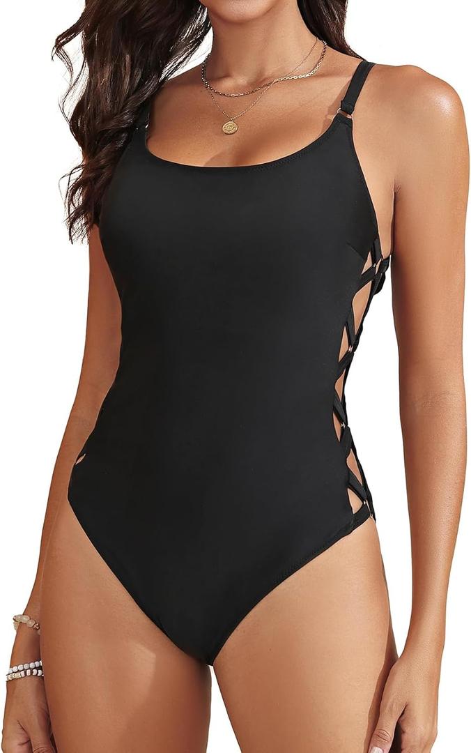 Tempt Me Women One Piece Bathing Suit Slimming Crisscross Lace Up Sexy Swimsuits (Small, Black)