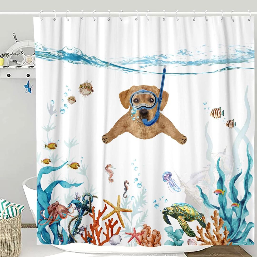 Fowocu Funny Dog Extra Long Shower Curtain Set Teal Blue Sea Ocean Waterproof Fabric Shower Curtains with Animal Octopus Starfish Turtle Anchor Fish Nautical Bathroom Curtain Decor (Orange, 72''78'')