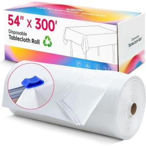 Plastic Table Cloth Disposable, 54In X 300Ft White Table Cover Roll, Disposable Tablecloth with Slide Cutter for Rectangle Round Tables, Party Tablecloths for Birthday, Wedding, Picnic, Outdoor