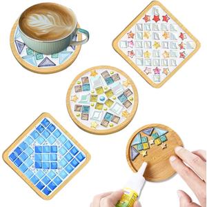 WATHFKCU 4 Sets DIY Glass Mosaic Tiles for Crafts,Mixed Color Mosaic Kits with Wooden Coaster for Adults,Mosaic Crafts Materials Package for Coaster Handmade Home Decor Gifts
