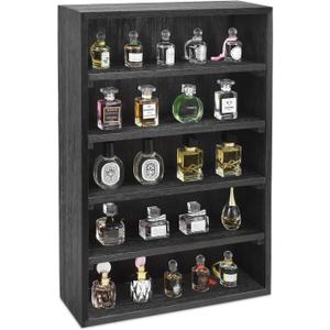 Ikee Design Wooden Wall-Mounted Display Shelves Rack for Collectibles, Figures,Shot Glasses,Spice Can,Cosmetics or Perfume, 5 Adjustable Height Shelves,Space-Saving, Black Color