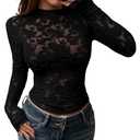 BTFBM Mesh Long Sleeve Tops for Women Lace Sexy Sheer Tight See Through Crew Neck Spring Fall 2026 Party Club Outfits, S