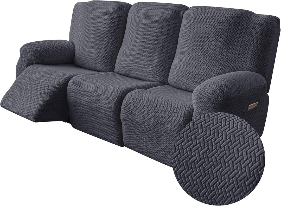 Genina Recliner Sofa Covers - Stretch Reclining Couch Covers with Stripe Jacquard - 3 Seat Cushion Slipcovers with Soft Fabric - Furniture Protector for Pet Kid (Dark Gray)